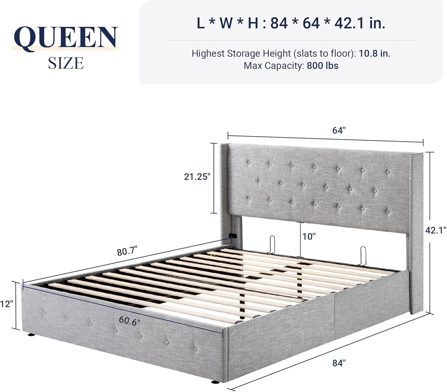 Lit queen-size relevable avec rangement Allewie, tête de lit à oreilles moderne et support hydraulique