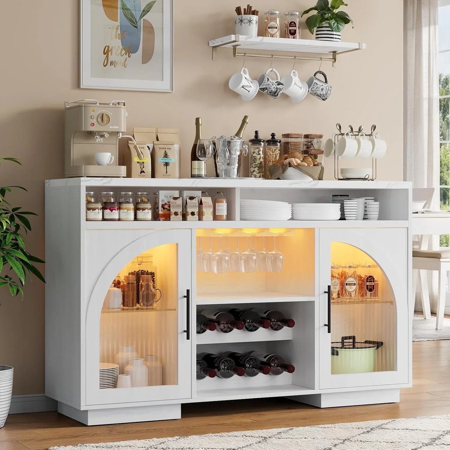 Buffet, armoire de cuisine de 54 pouces avec lumières LED et portes en verre cintrées, armoire de bar haute
