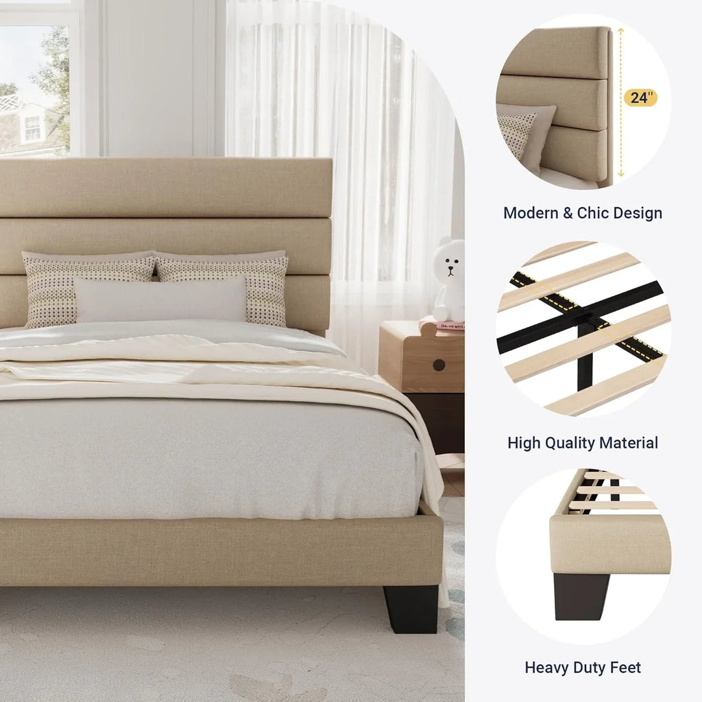 Cadre de lit plateforme Allewie Queen Size avec tête de lit rembourrée en tissu et support à lattes en bois, sommier entièrement rembourré (pas besoin de sommier)