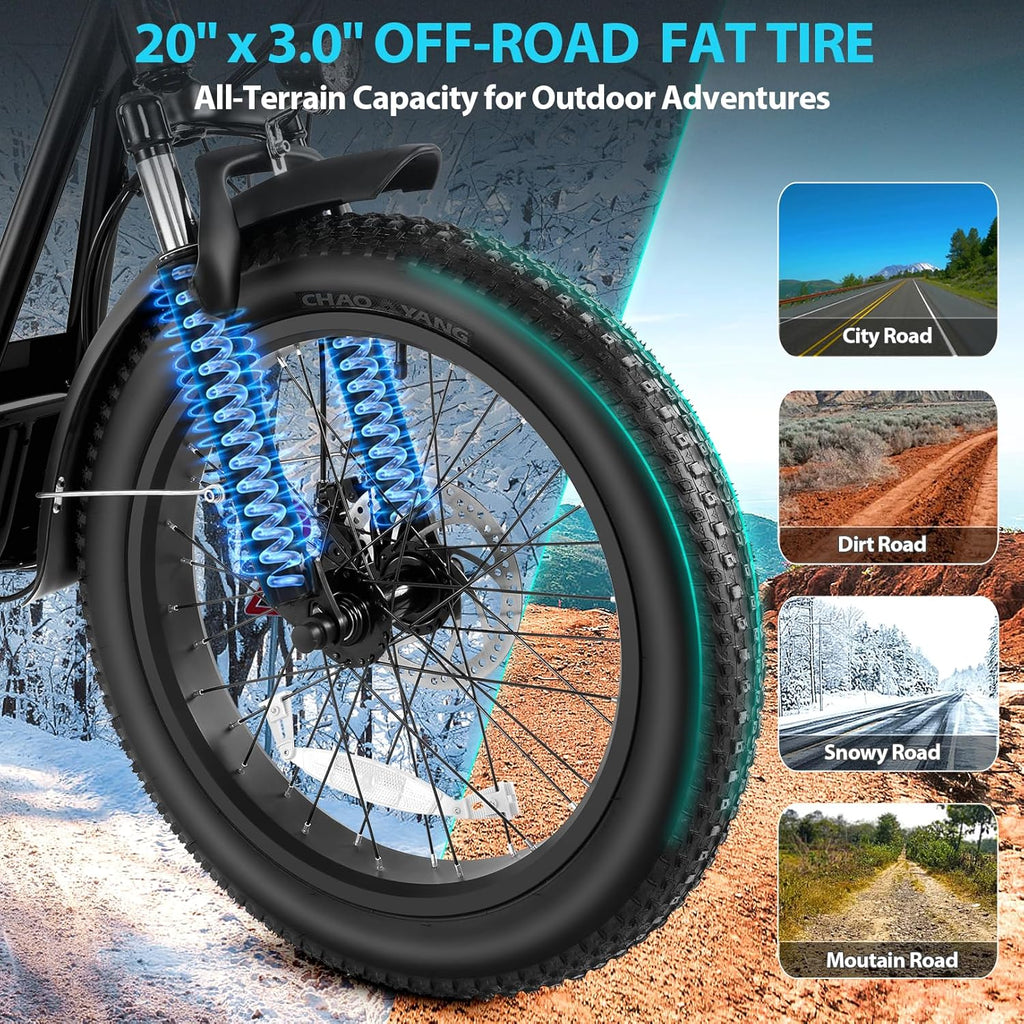 Trottinette électrique pliable Caroma Peak 800 W pour adulte avec pneus de 20 pouces de large, batterie 48 V, panier et siège réglable.