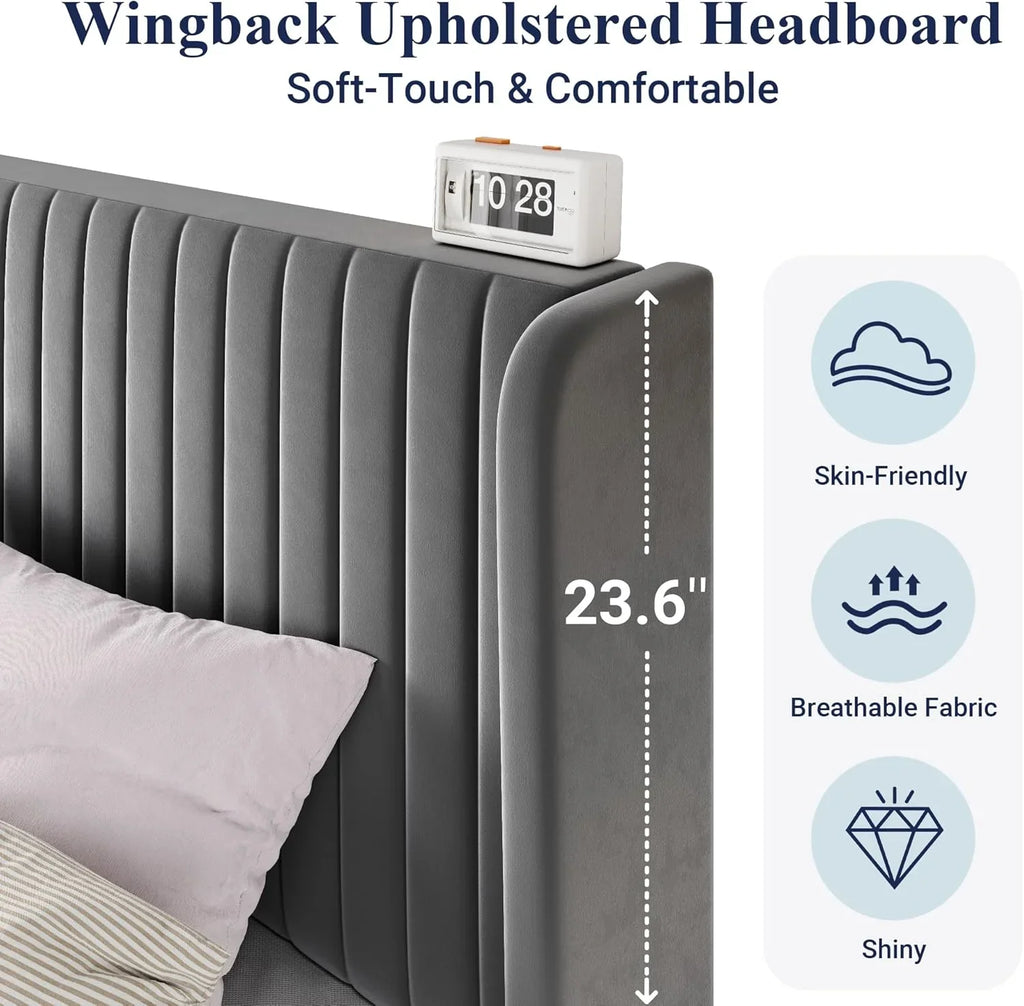 Cadre de lit Allewie en velours pleine grandeur/tête de lit capitonnée à oreilles verticales/lit plateforme rembourré/lattes en bois robustes