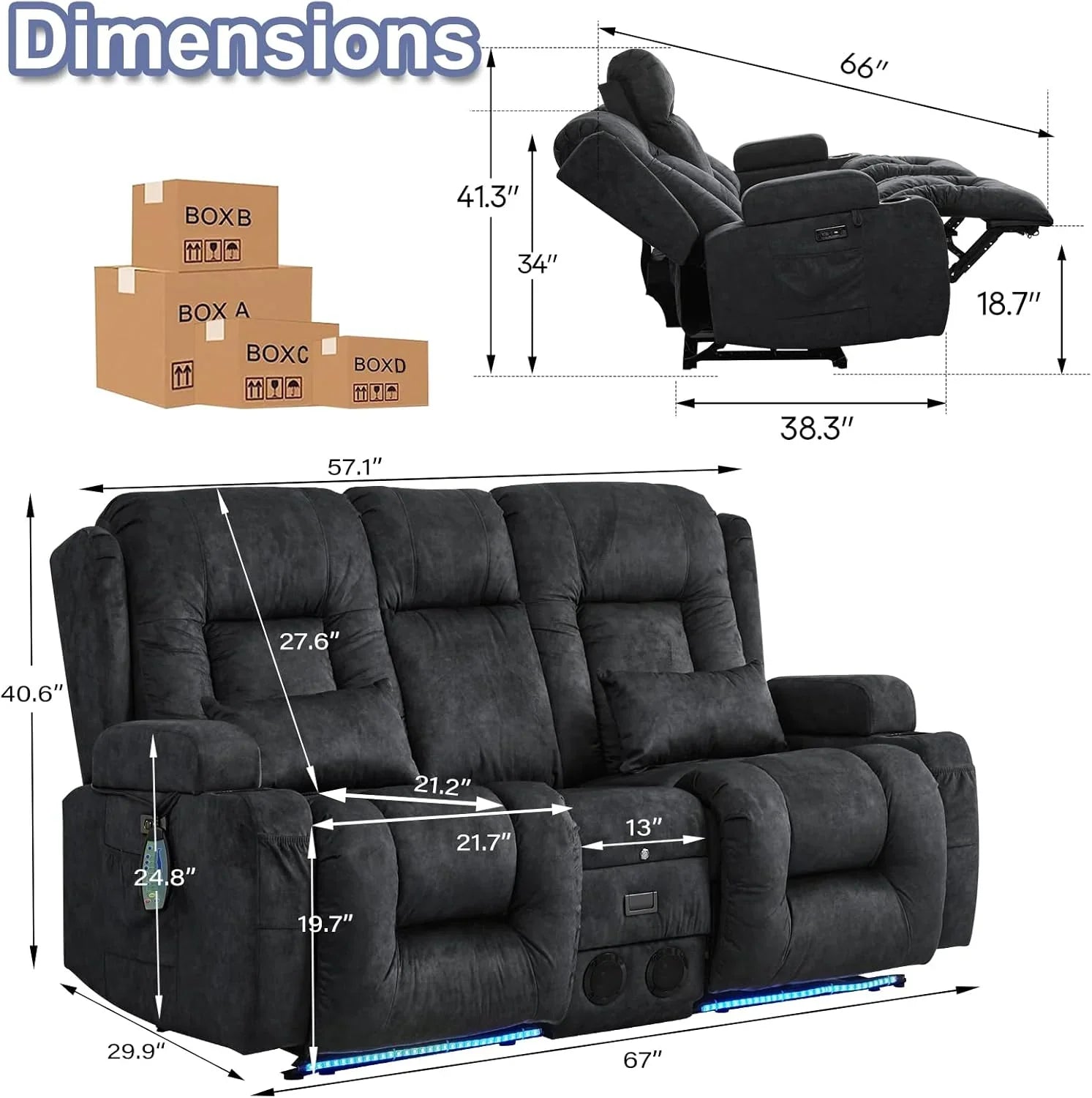 Canapé inclinable électrique TUNYI avec fonctions massage et chauffage, siège home cinéma avec console, canapé inclinable électrique pour camping-car