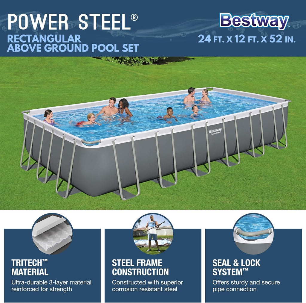 Piscine hors sol ovale Power Steel 4,3 m x 2,4 m x 100 cm | Comprend une pompe de filtration de 2070 litres, une échelle et un distributeur ChemConnect.