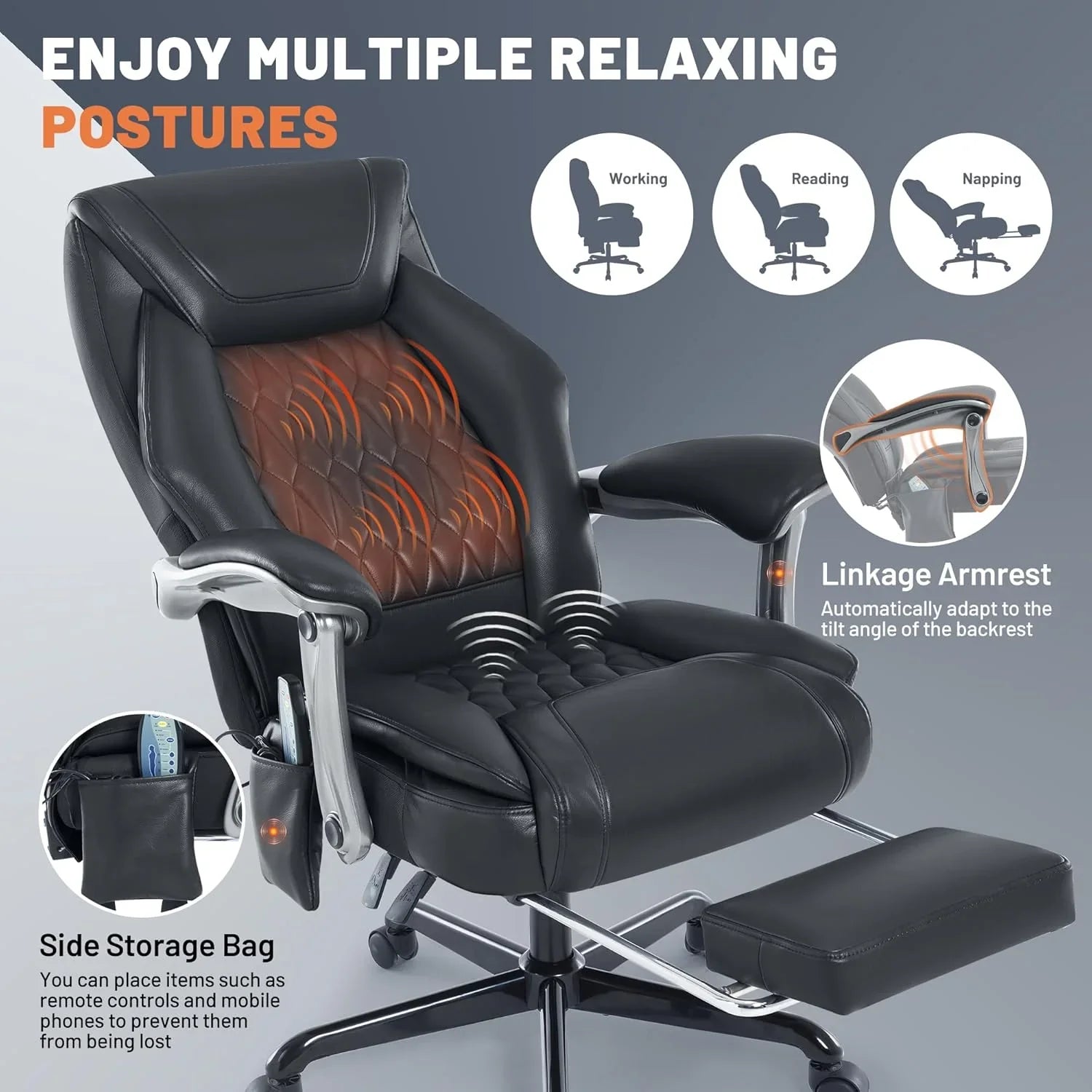 Fauteuil de bureau massant avec chauffage et repose-pieds Fauteuil de bureau ergonomique inclinable pour cadres