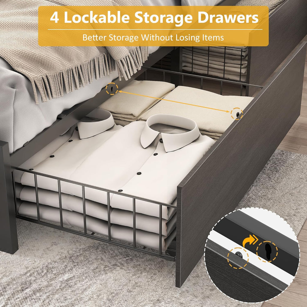 Cadre de lit Queen Lifezone avec tête de lit double et plateau de rangement en métal