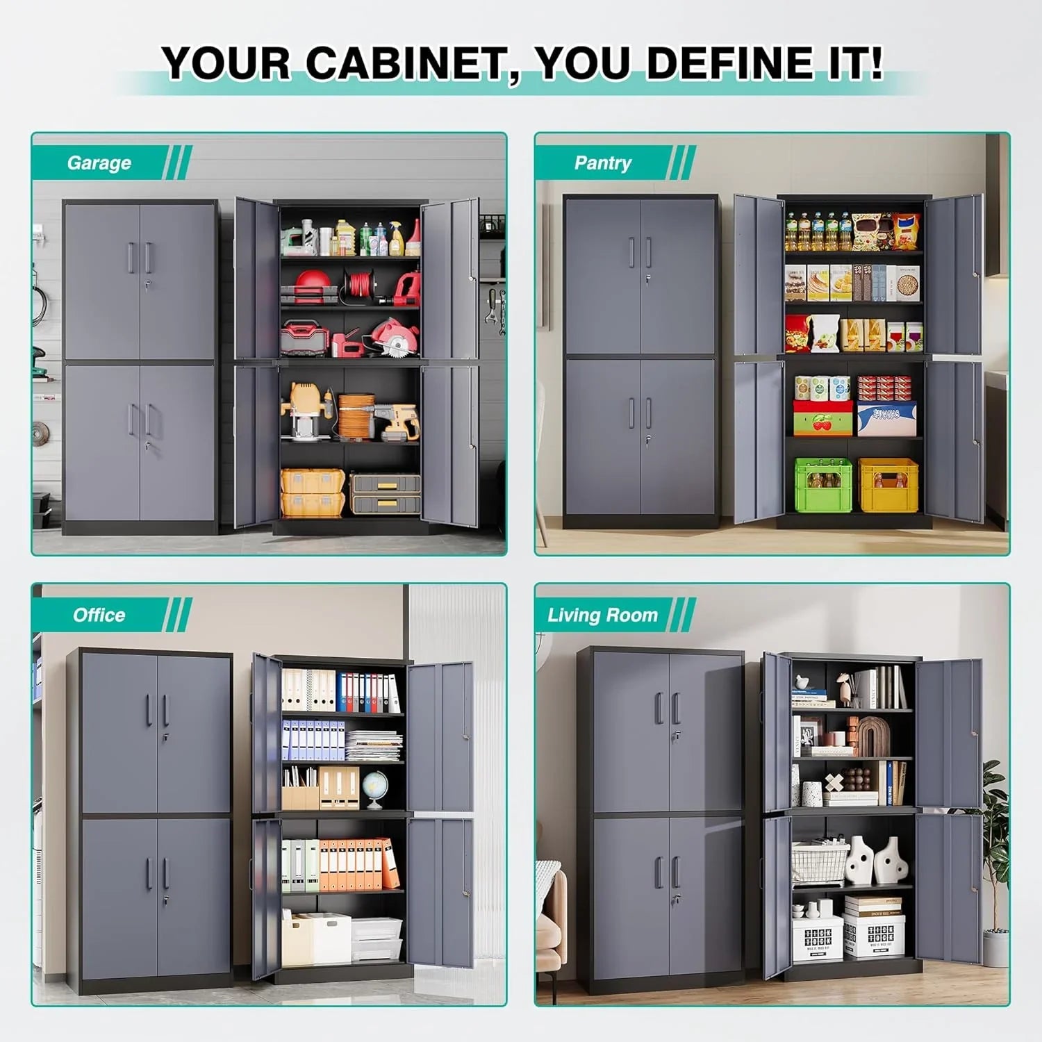 Armoire de rangement en métal avec 2 portes et 6 étagères, armoire en métal noir avec serrure, armoire de rangement verrouillable pour garage de 71 pouces