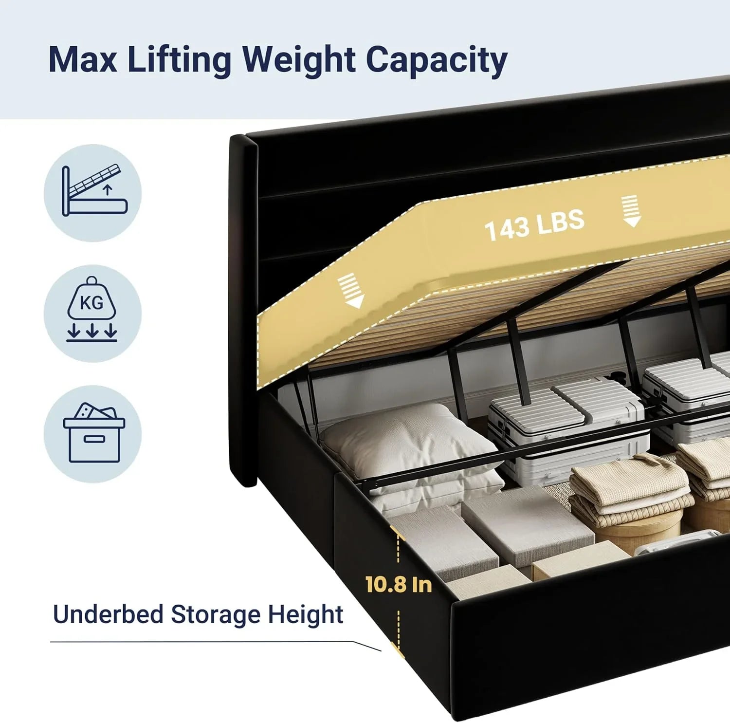 Lit queen-size relevable avec rangement Allewie, tête de lit à oreilles moderne et support hydraulique