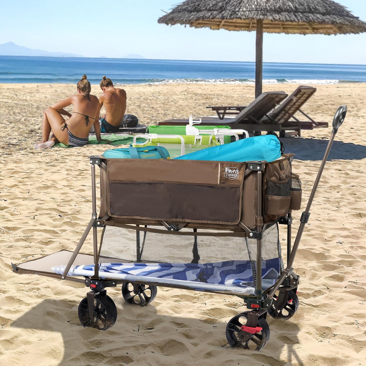 Chariot pliable à deux étages de grande capacité de 400 L avec freins, chariot extra-long de 54 pouces, chariot pliable robuste de 450 livres