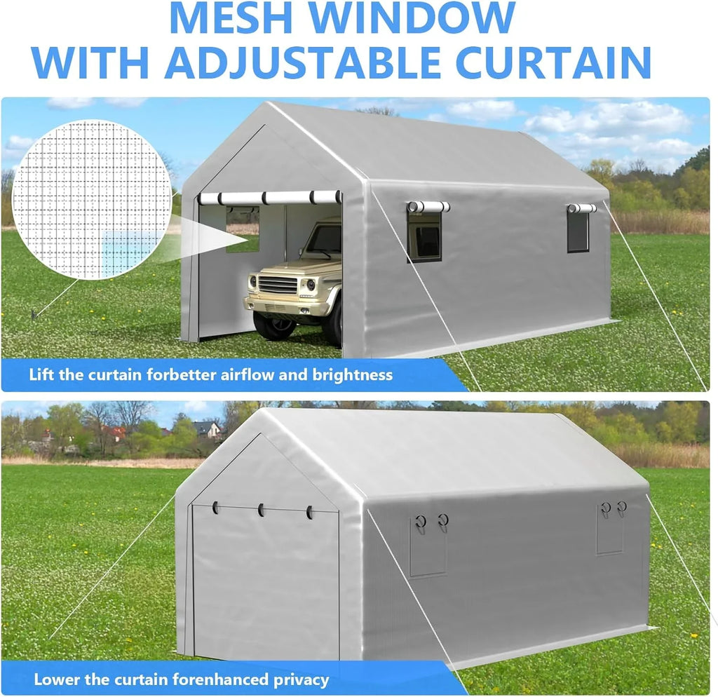 Abri d'auto robuste de 6 x 8 pieds, garage portable avec parois latérales amovibles et porte, bâche quatre saisons