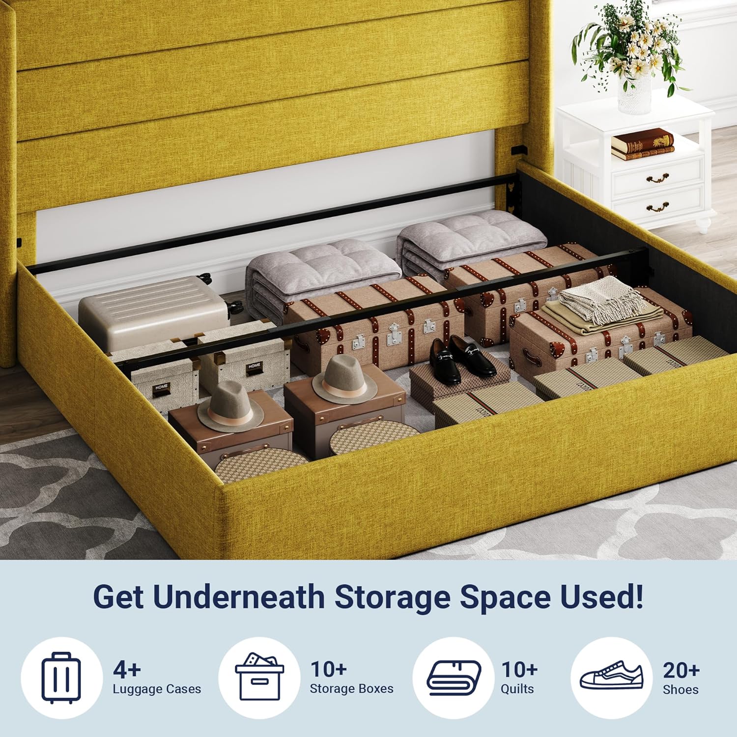 Lit queen-size relevable avec rangement Allewie, tête de lit à oreilles moderne et support hydraulique