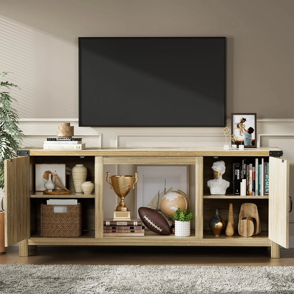 YESHOMY Meuble TV avec cheminée et deux portes de grange, armoires de rangement pour téléviseurs jusqu'à 65 pouces et plus, console de divertissement, meuble multimédia pour salon, 58 pouces