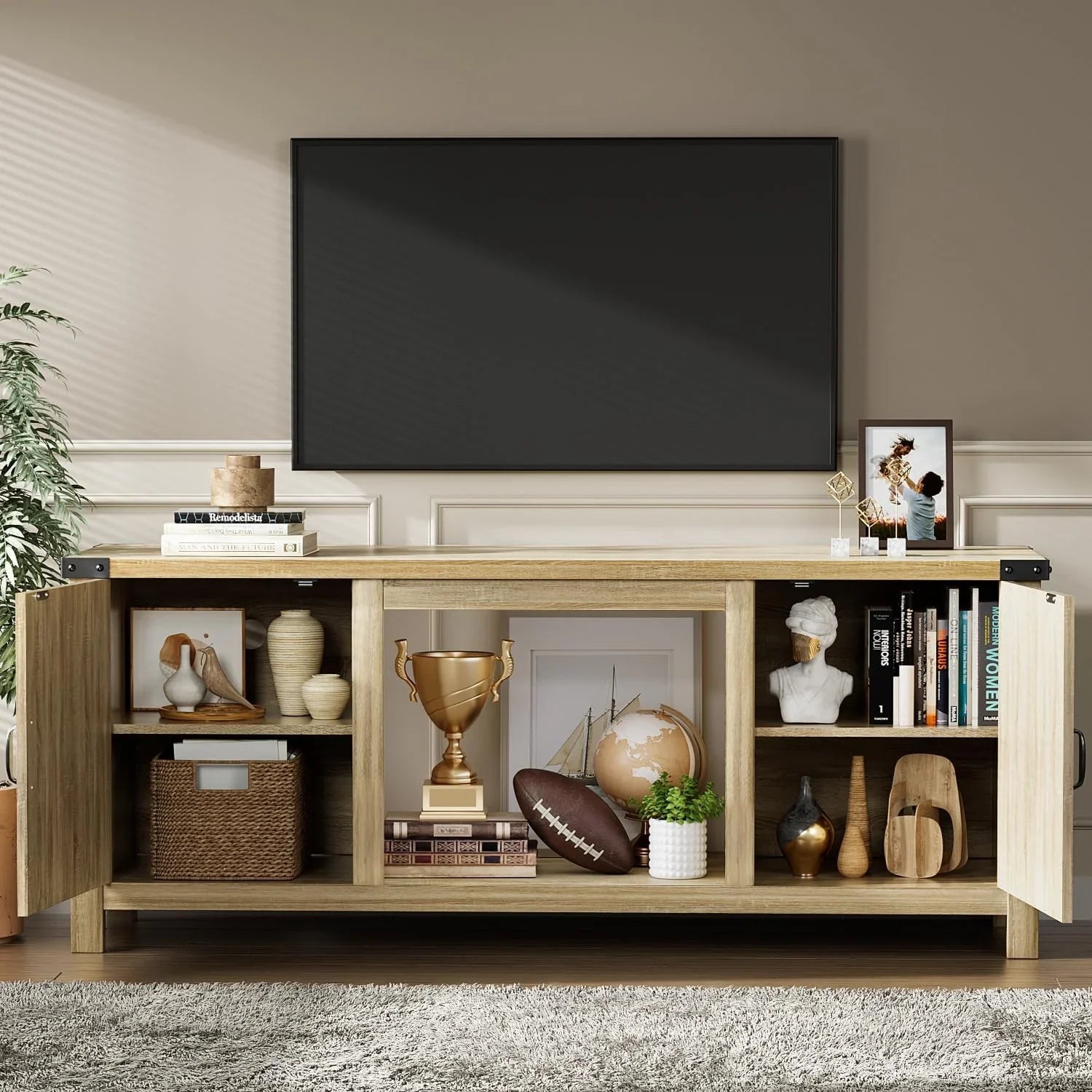 YESHOMY Meuble TV avec cheminée et deux portes de grange, armoires de rangement pour téléviseurs jusqu'à 65 pouces et plus, console de divertissement, meuble multimédia pour salon, 58 pouces