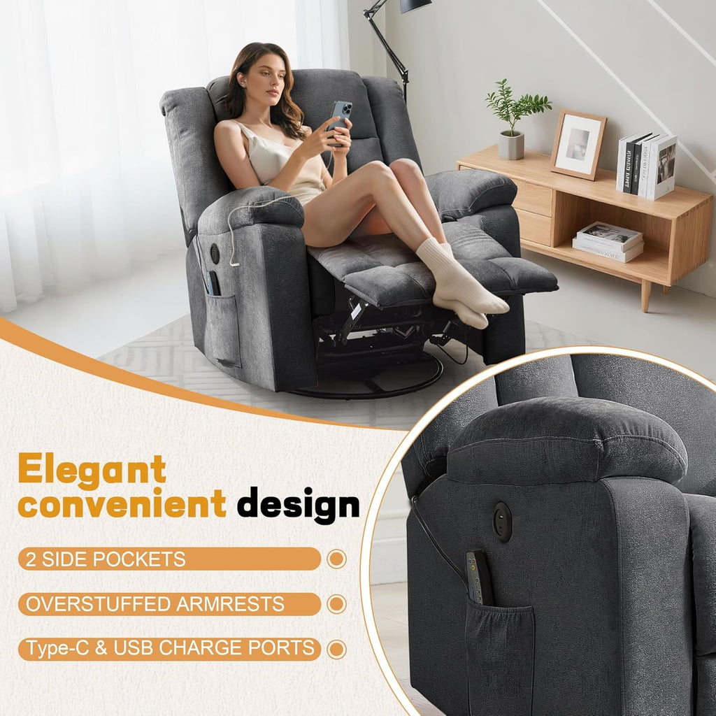 Fauteuil à bascule pour adulte, fauteuil inclinable coulissant, fauteuil à bascule rotatif à 360° avec fonction massage et chauffage