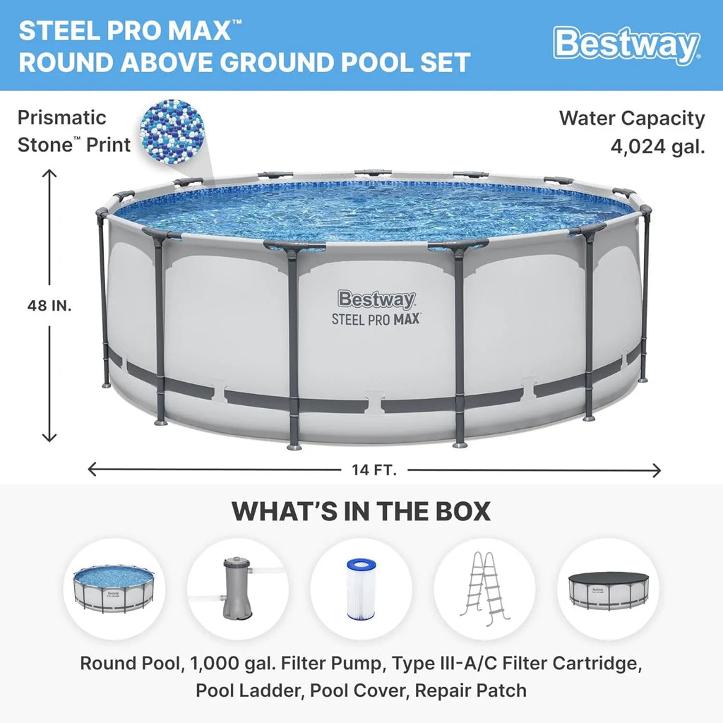 Piscine hors sol extérieure ronde Steel Pro MAX de 4,2 m x 122 cm avec cadre métallique et pompe de filtration de 1 000 litres, échelle et bâche