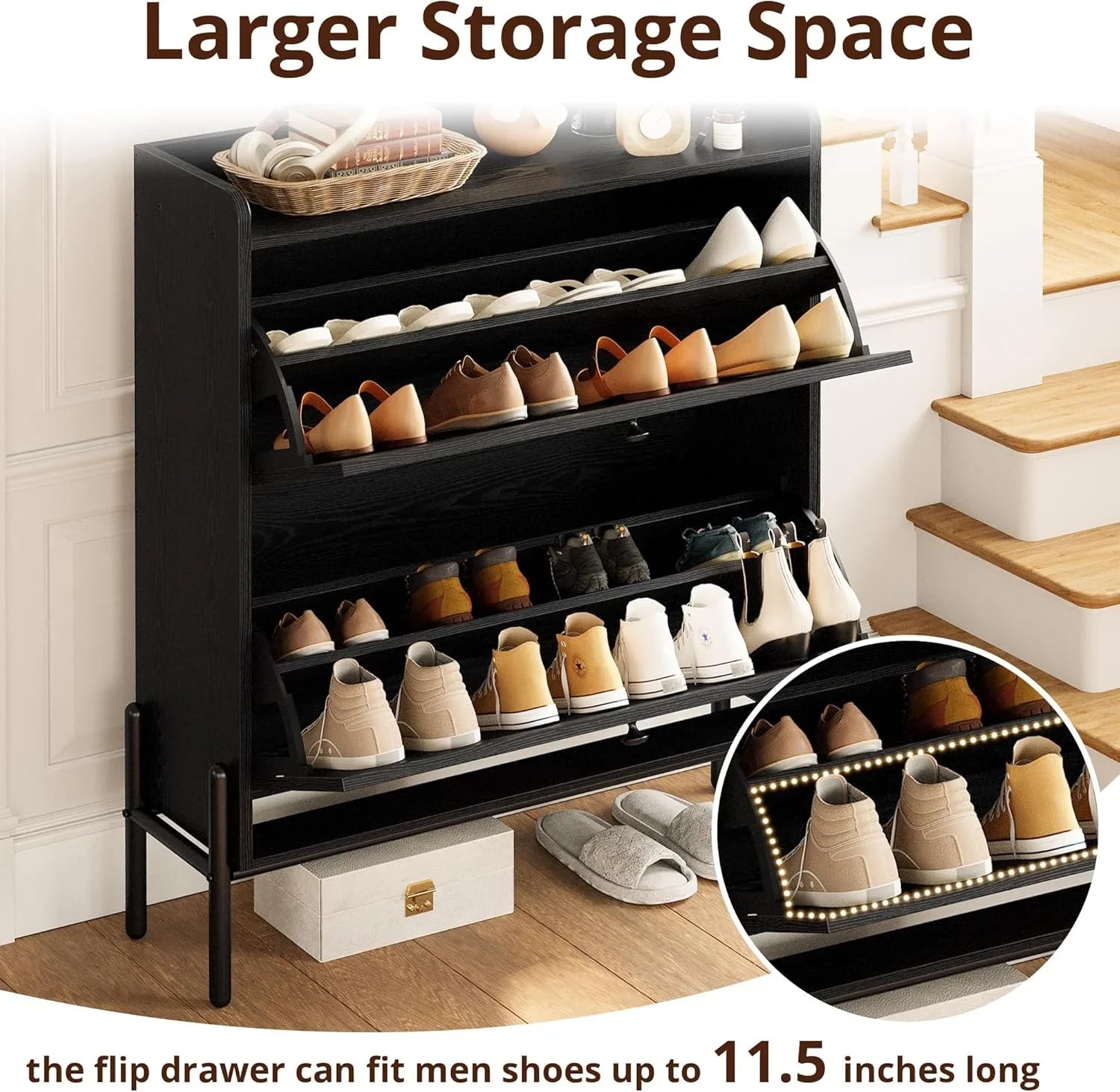 Meuble à chaussures IRONCK avec 2 tiroirs rabattables, meuble de rangement à chaussures indépendant en bois