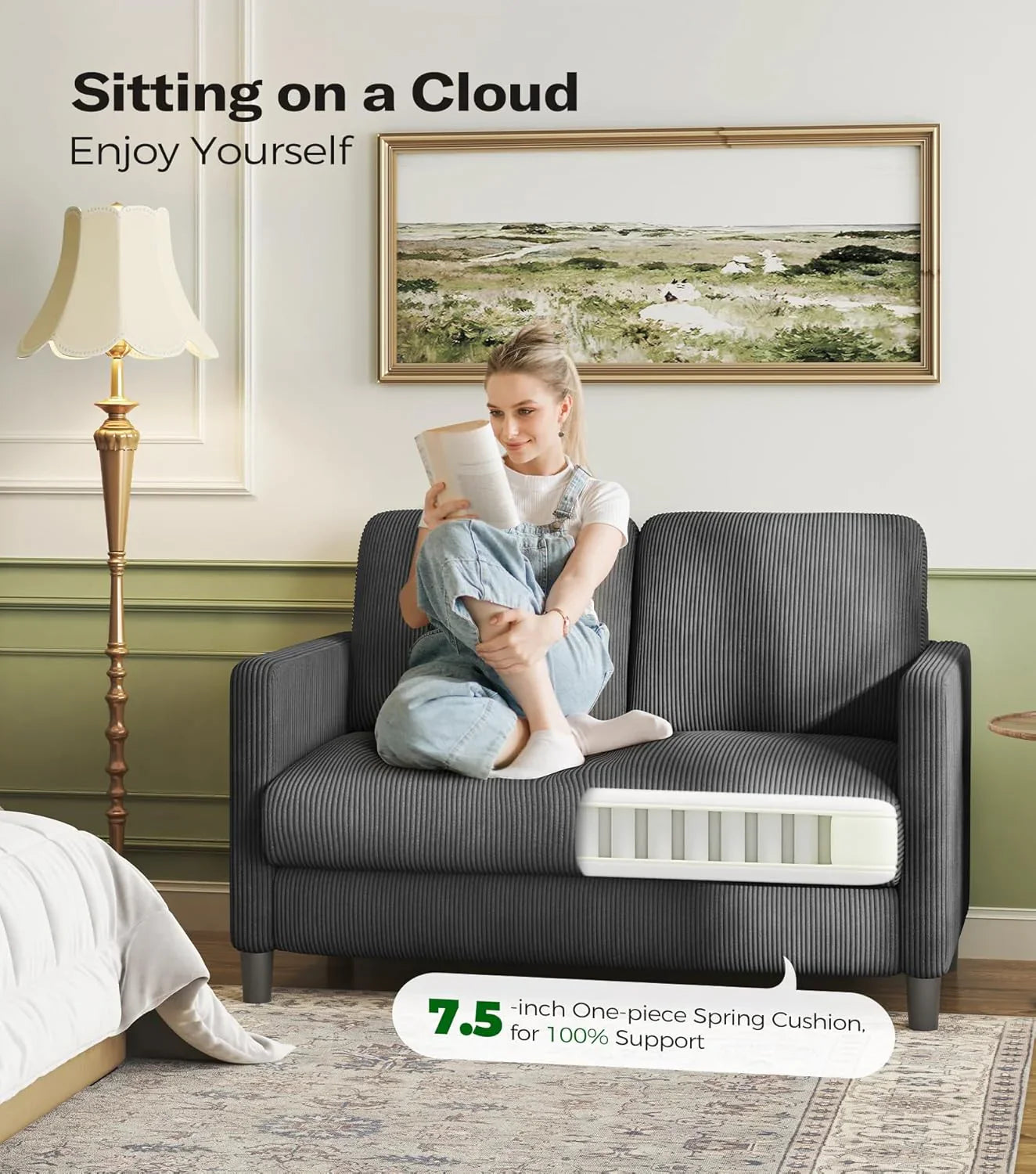 Causeuse de 51 pouces, causeuse confortable en velours côtelé