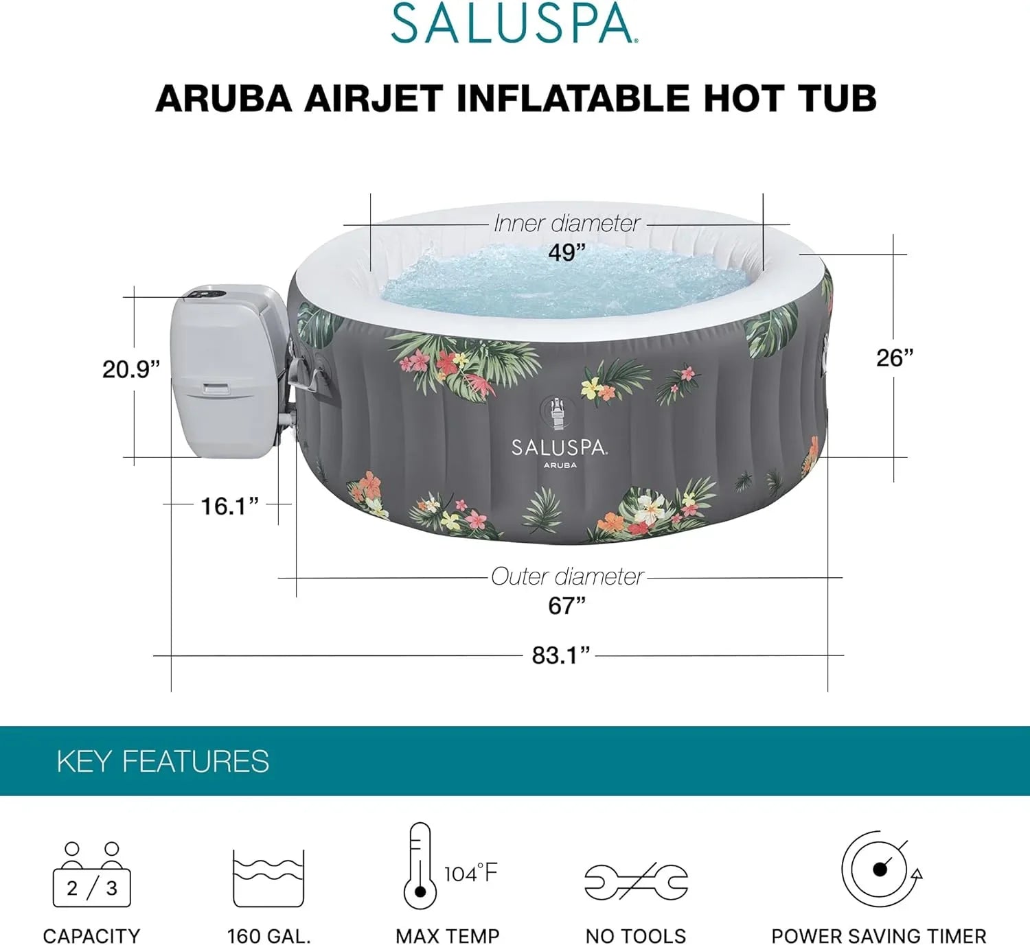 Spa gonflable rond SaluSpa Aruba AirJet, grand format, pour 2 à 3 personnes, portable, pour l'extérieur