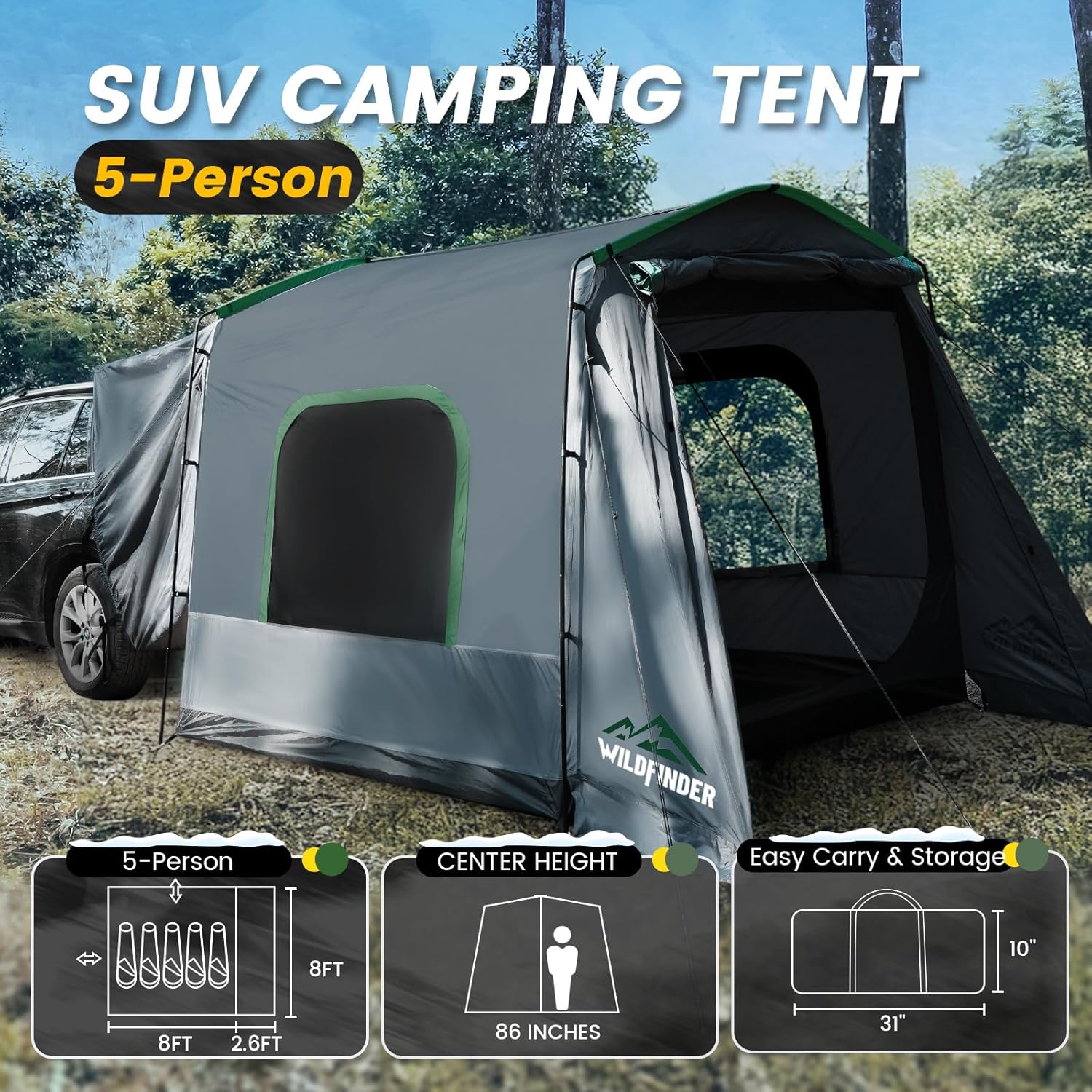 Tente SUV rectangulaire pour 5 à 9 personnes, idéale pour le camping en voiture, idéale pour la famille, imperméable et coupe-vent. Grande tente de camping.