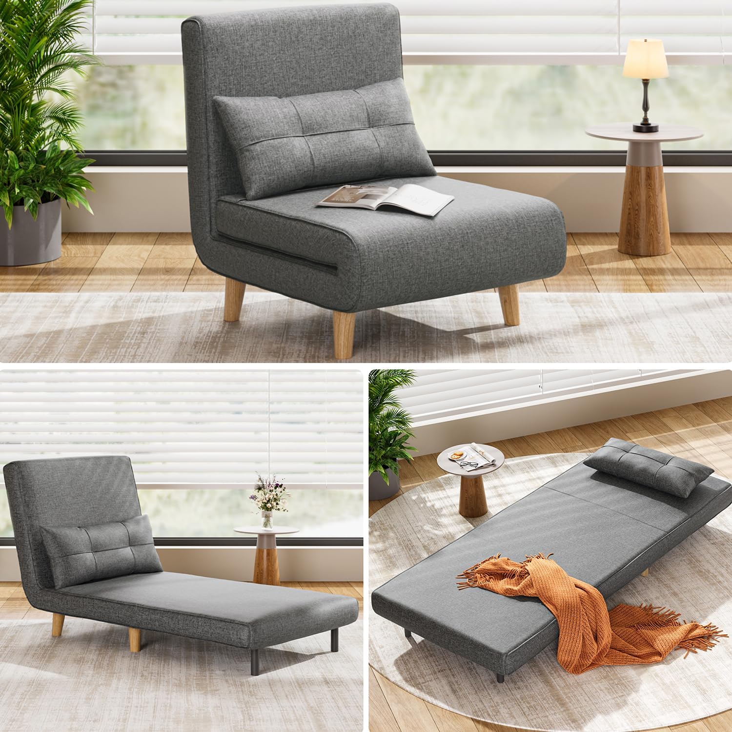 Fauteuil-lit 3 en 1, canapé-lit futon convertible avec dossier réglable