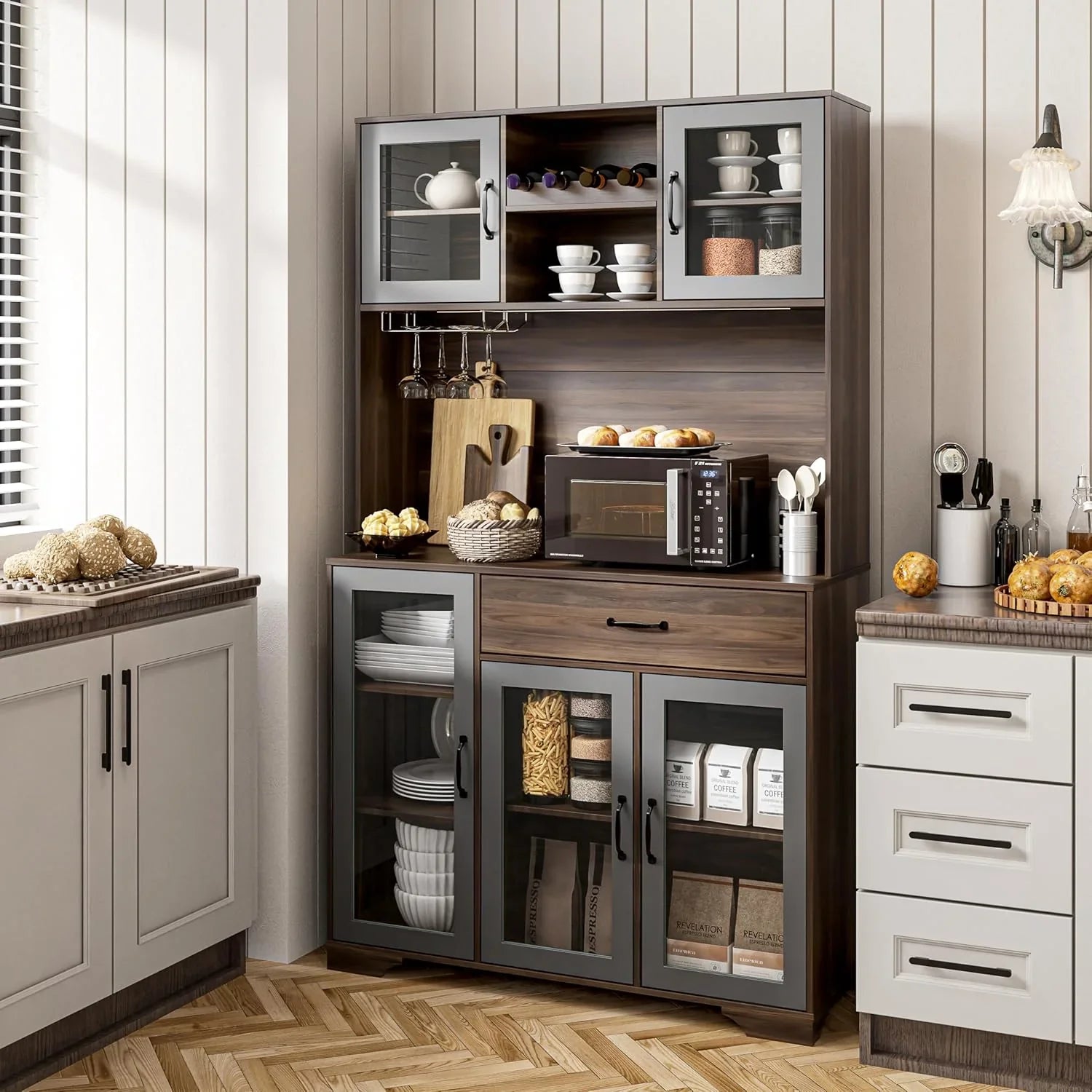 Armoire de garde-manger de 180 cm de haut avec portes vitrées