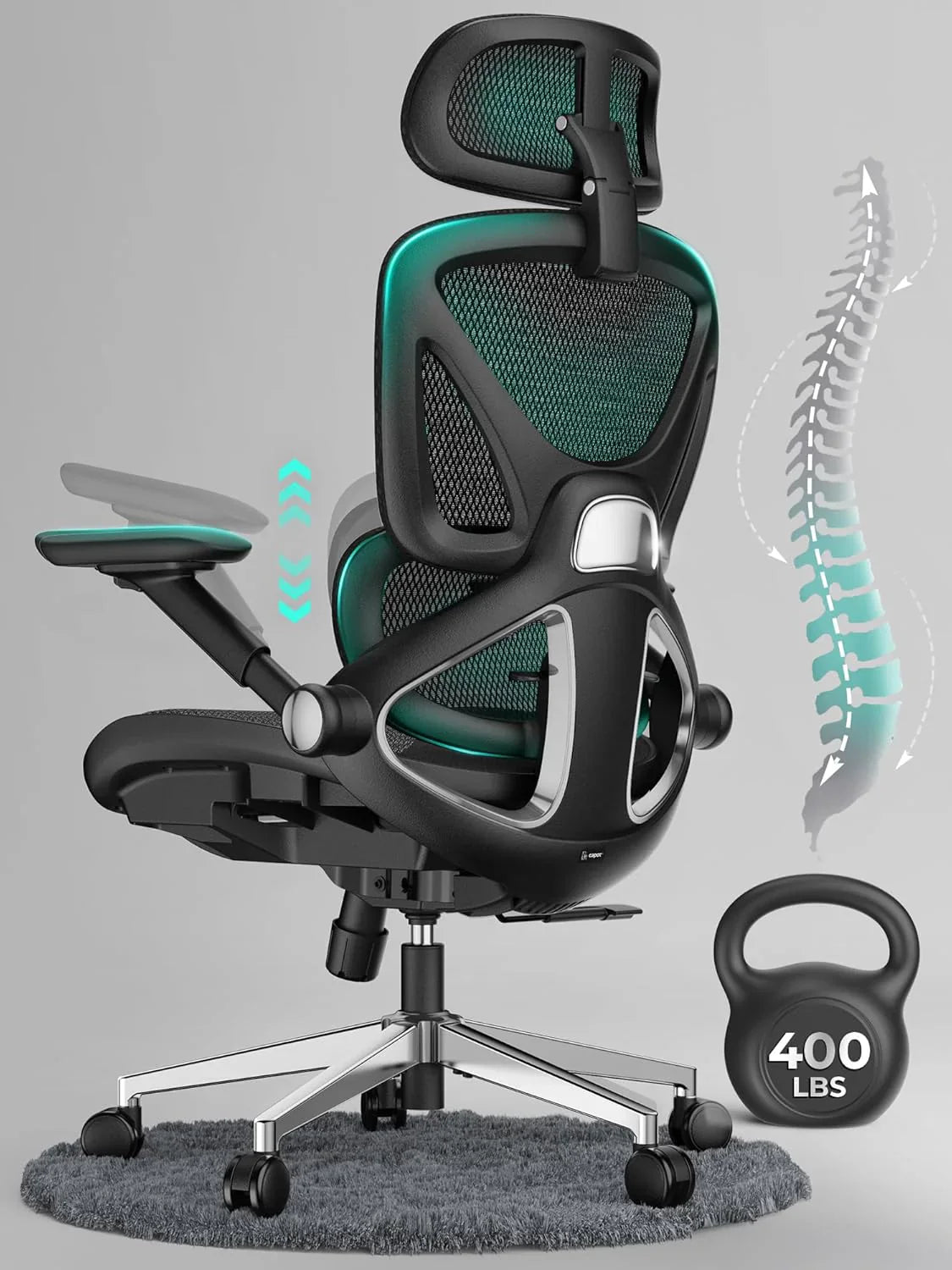 Chaise de bureau ergonomique en maille avec dossier haut réglable lombaire, capacité de charge de 400 lb