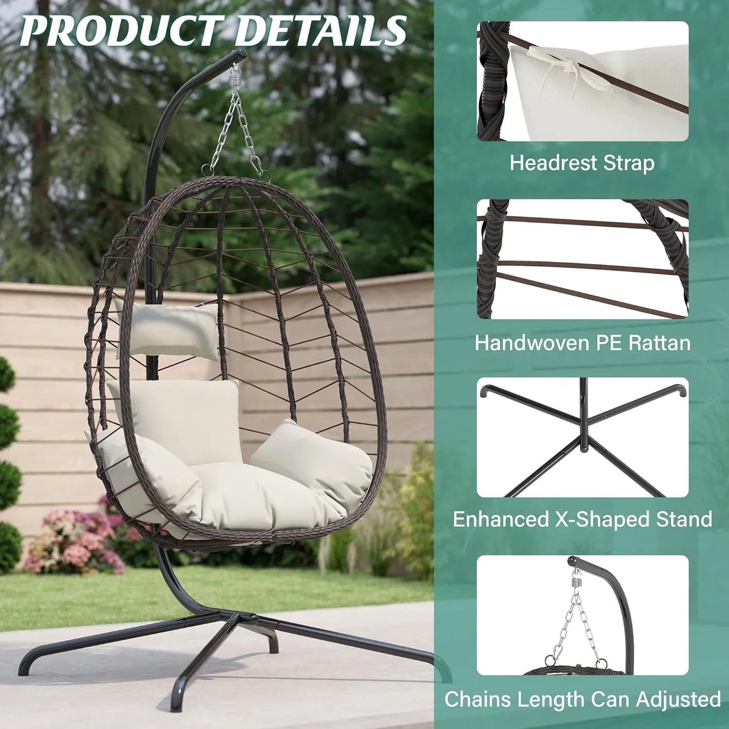 Chaise suspendue en forme d'œuf avec support, chaise pivotante pour extérieur et intérieur, chaise suspendue en osier pour patio