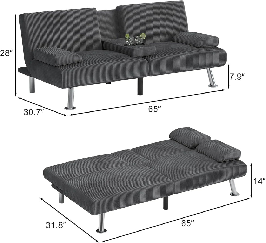 Canapé-lit futon convertible et pliable en lin moderne Shahoo avec accoudoirs amovibles, pieds en métal et 2 porte-gobelets pour le salon