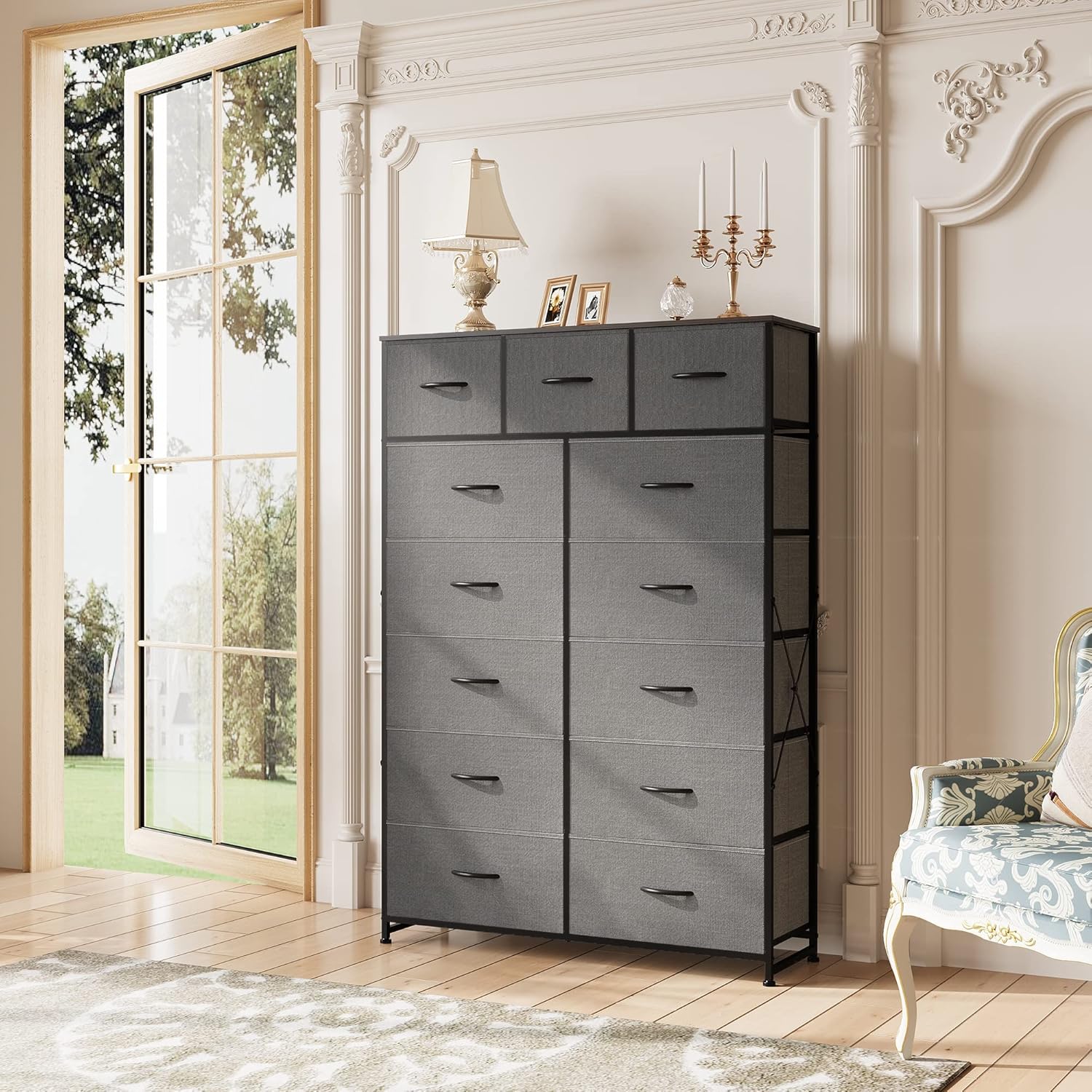 Meuble de rangement WLIVE avec 13 bacs en tissu, tiroirs de rangement avec cadre en acier, grande tour de rangement pour salon, couloir, bureau, noir anthracite