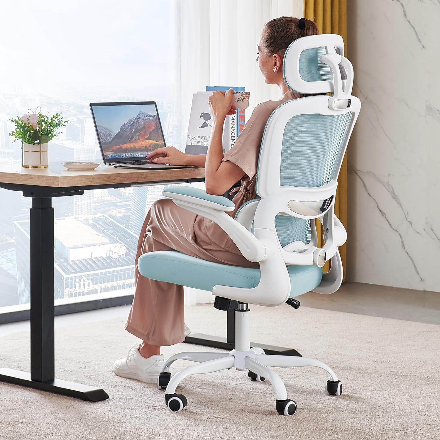 Chaise de bureau ergonomique, chaise de bureau en maille avec roulettes, capacité de charge de 150 kg, chaise de jeu confortable, dossier haut