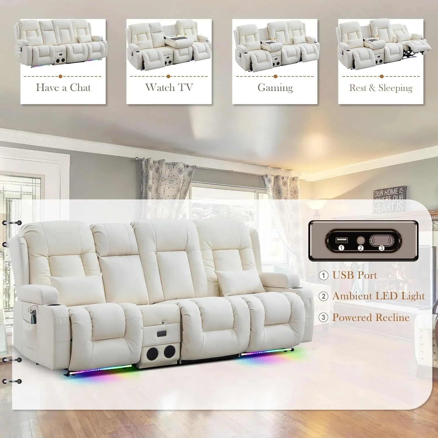 Canapé inclinable électrique TUNYI avec fonctions massage et chauffage, siège home cinéma avec console, canapé inclinable électrique pour camping-car