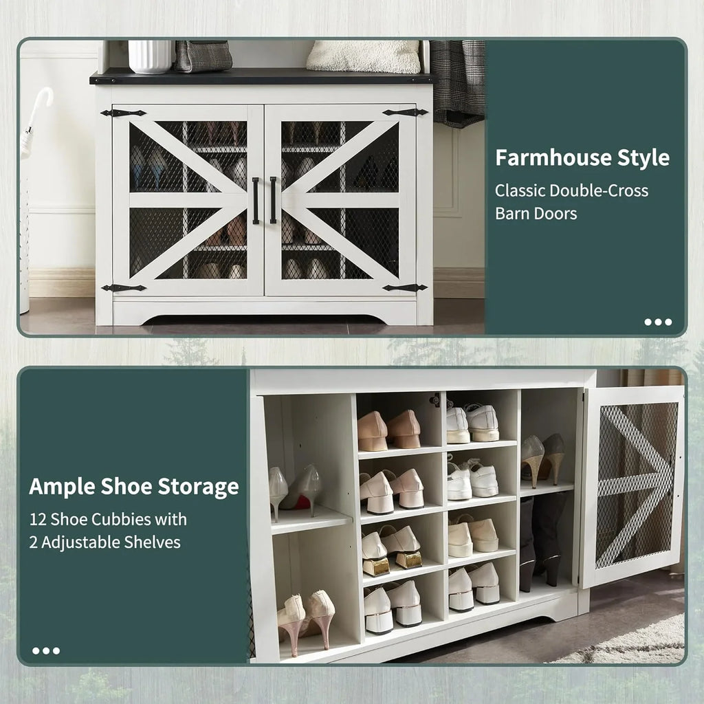 JXQTLINGMU Arbre de foyer de ferme de 59 pouces avec rangement pour chaussures, banc d'entrée, porte-manteau, armoire