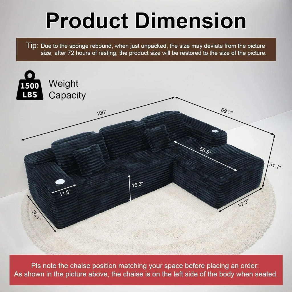 Cloud section sofa with L-shaped recliner, modern modular sofa, built-in cup holder