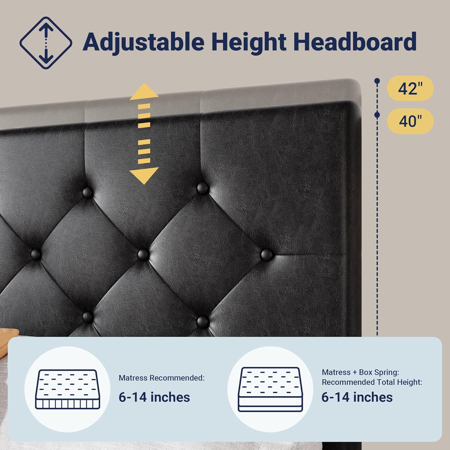 Cadre de lit plateforme Allewie rembourré Queen Size avec 4 tiroirs de rangement et tête de lit, capitonné à boutons à coutures carrées, sommier à lattes en bois, pas besoin de sommier.