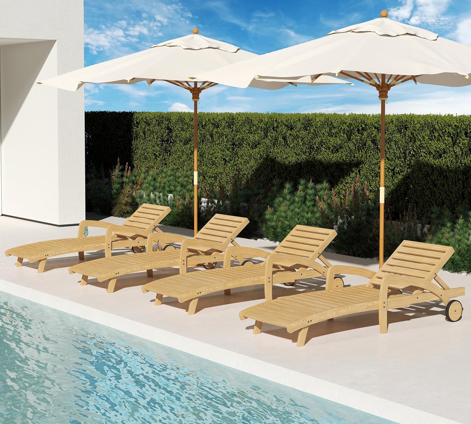 Chaise longue de piscine réglable à 5 positions Chaise longue en bois avec table d'appoint coulissante