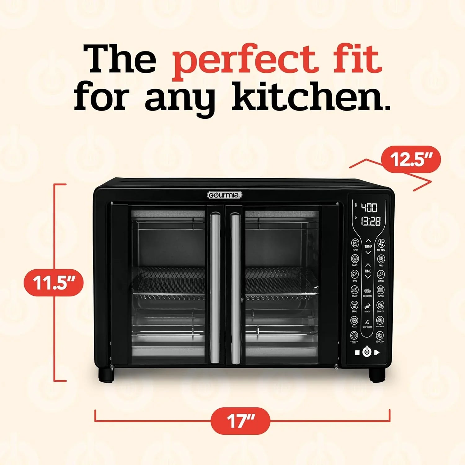 Friteuse à air combinée Gourmia avec 17 préréglages de cuisson, capacité de 24 L, grille de convection et plaque de cuisson