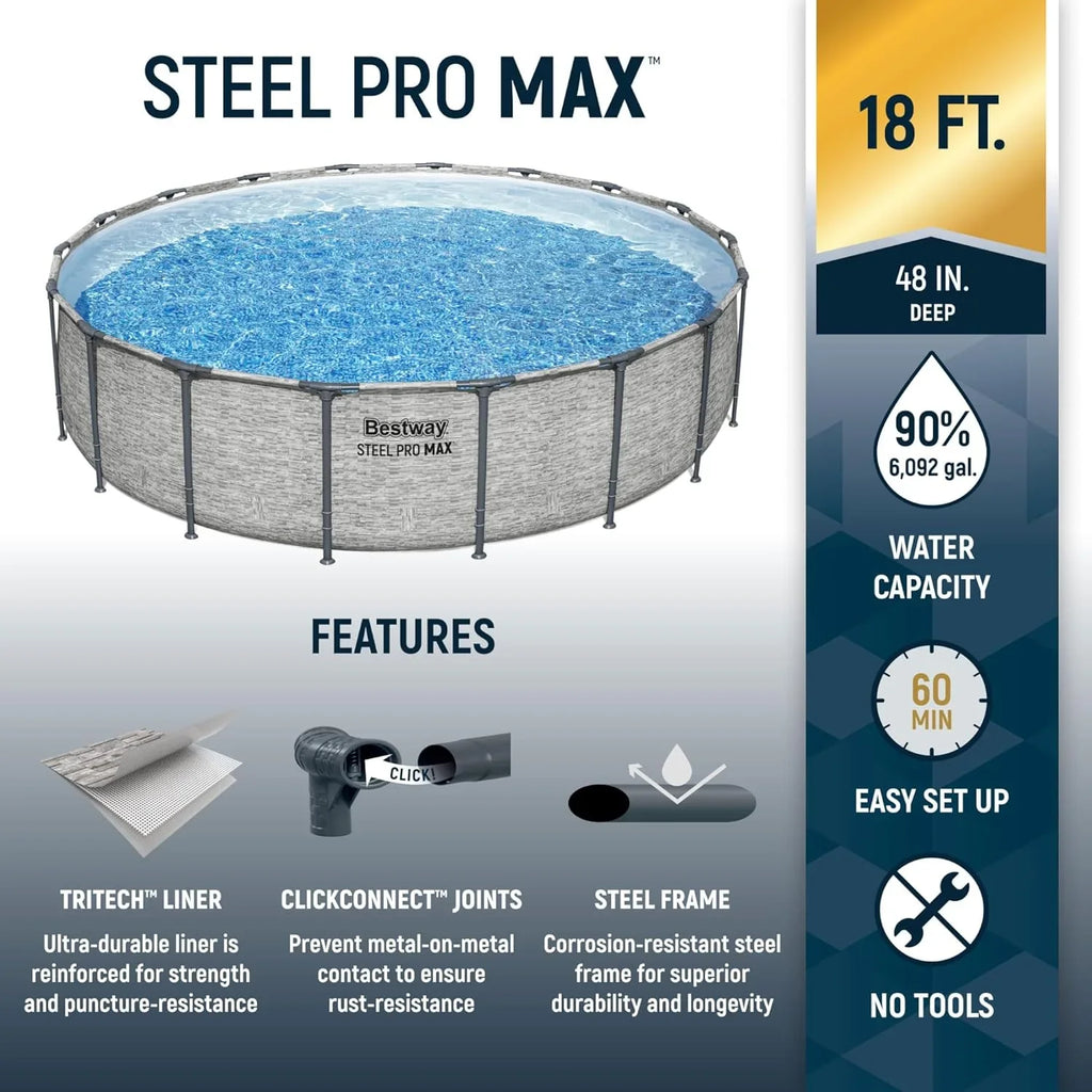 Piscine hors sol extérieure ronde Steel Pro MAX de 4,2 m x 122 cm avec cadre métallique et pompe de filtration de 1 000 litres, échelle et bâche