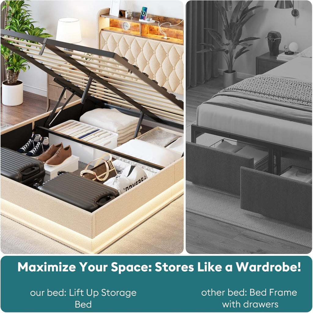 Cadre de lit Queen size avec rangement, hydraulique, sans sommier, lattes en bois