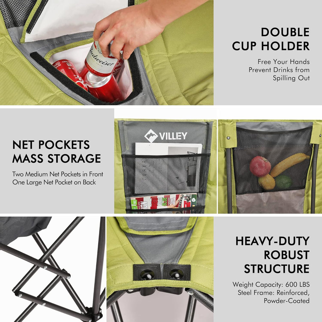 Chaise de camping double (avec sac isotherme), causeuse extra large, canapé de camping rembourré robuste, chaise pliante portable