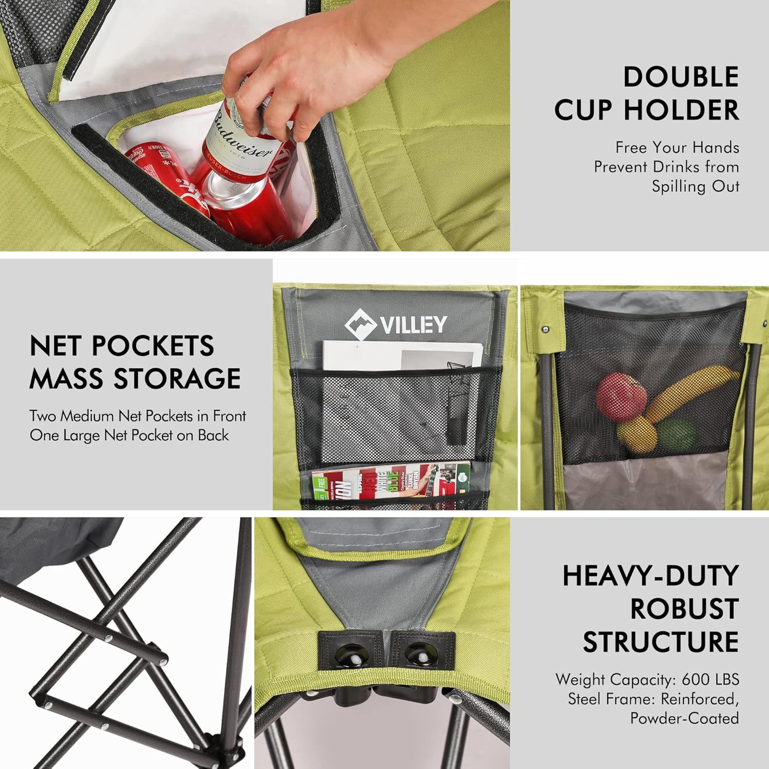 Chaise de camping double (avec sac isotherme), causeuse extra large, canapé de camping rembourré robuste, chaise pliante portable