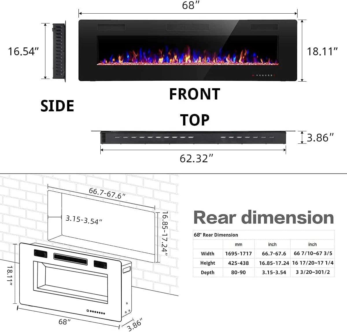 Cheminée électrique encastrée et murale R.W.FLAME 60 po, silencieuse, compatible avec les montants de 2 x 6 po, télécommande avec minuterie, écran tactile, couleur et vitesse de flamme réglables, 750-1500 W