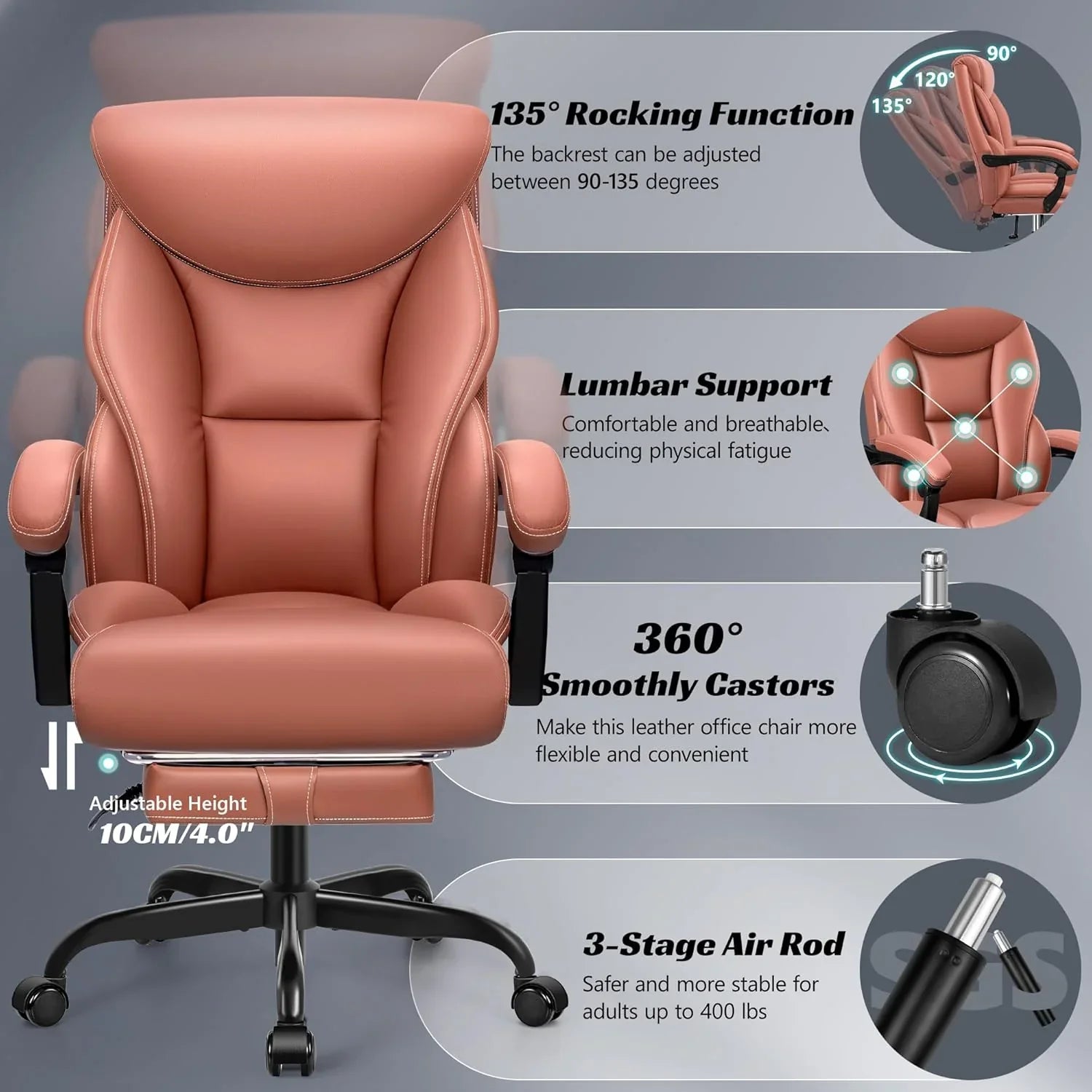 Chaise de bureau pivotante à pieds hauts, en cuir respirant, avec support lombaire