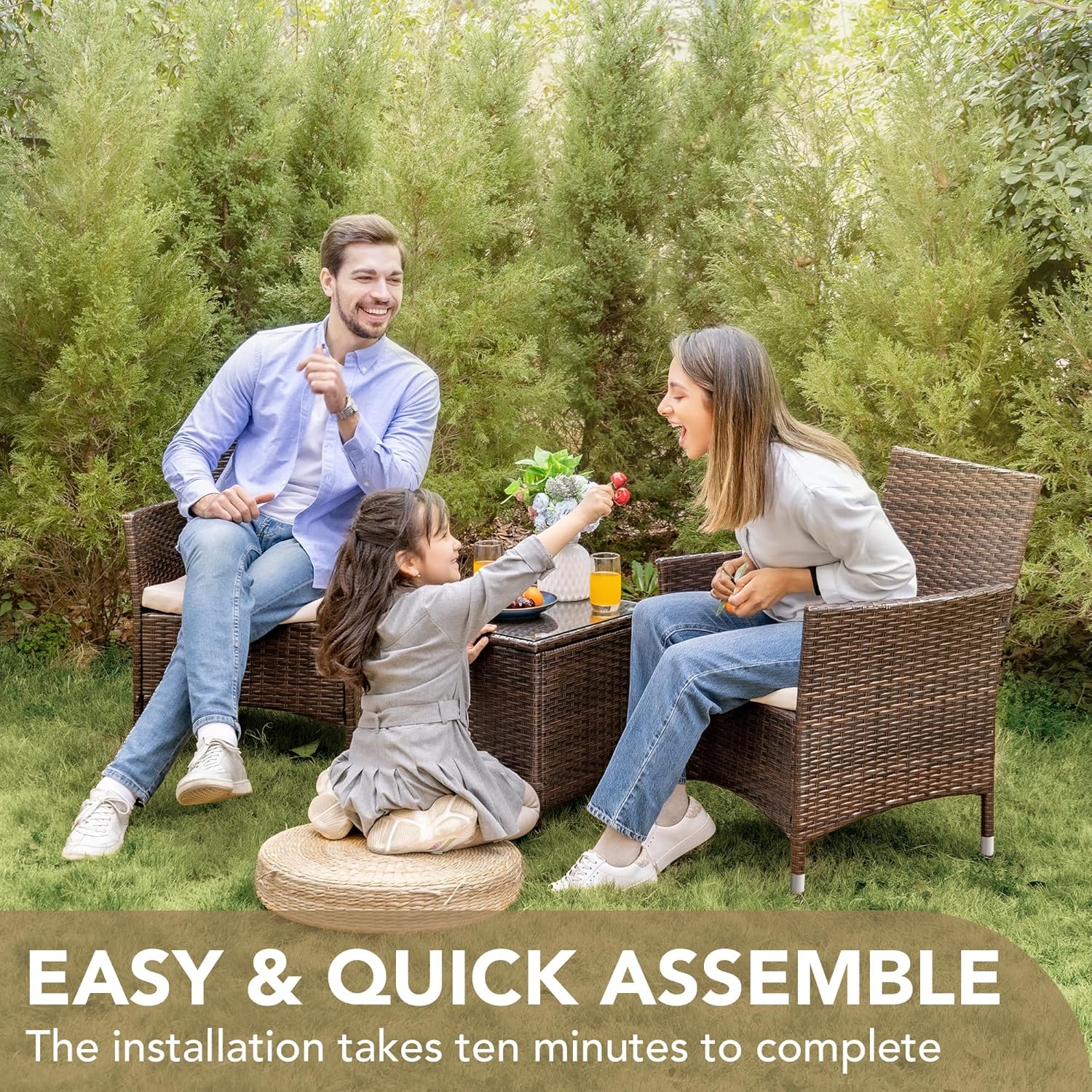 Ensemble de meubles de patio Devoko 3 pièces avec chaises en rotin synthétique