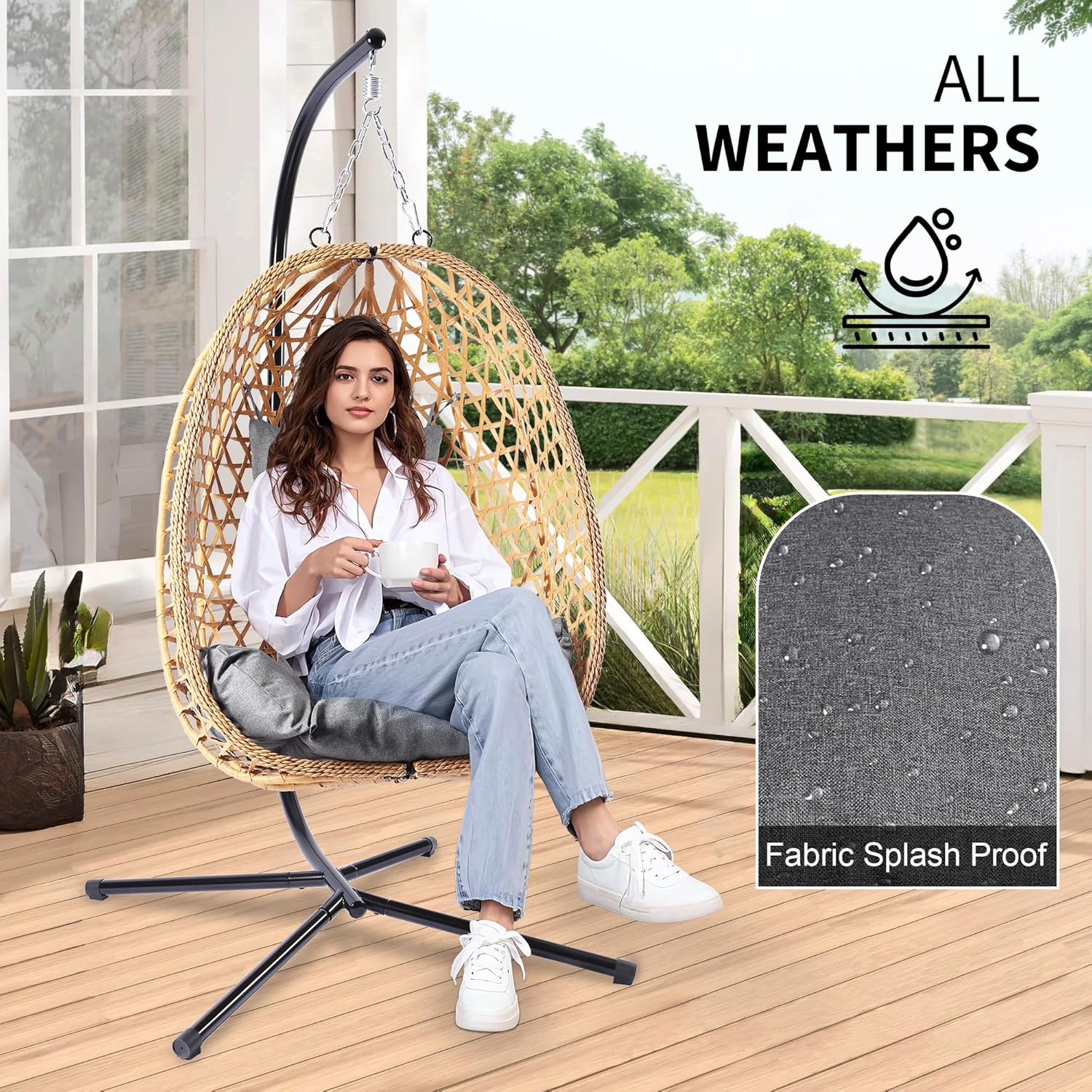 Fauteuil suspendu en osier avec support, balancelle pour patio, capacité de charge de 158 kg.