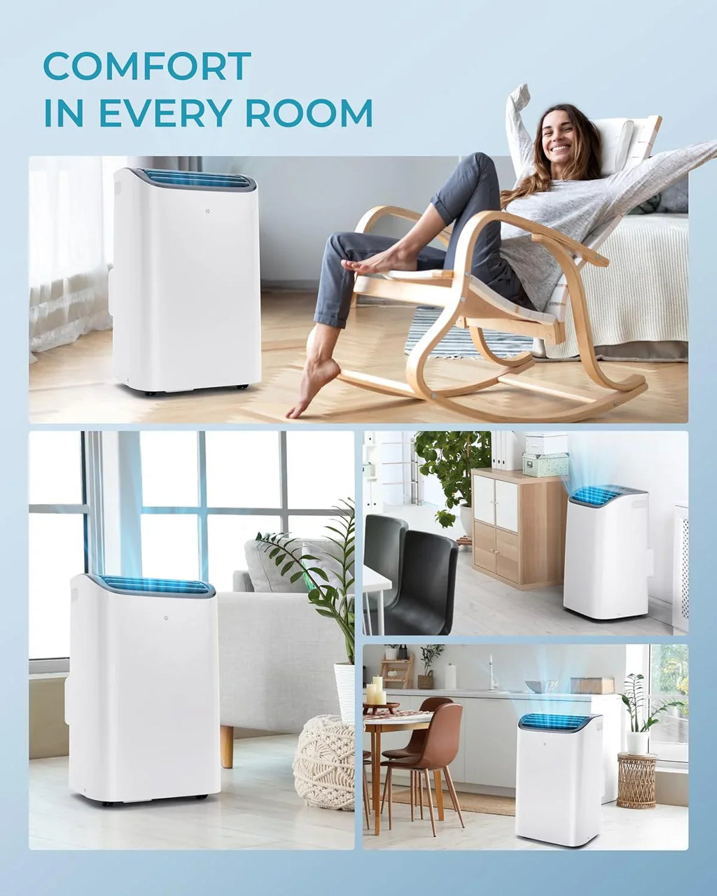 Climatiseur portatif EUHOMY 8 000 BTU, 4 en 1, couvre jusqu'à 350 pi², 4 modes, silencieux, avec télécommande, refroidissement, ventilateur, déshumidificateur