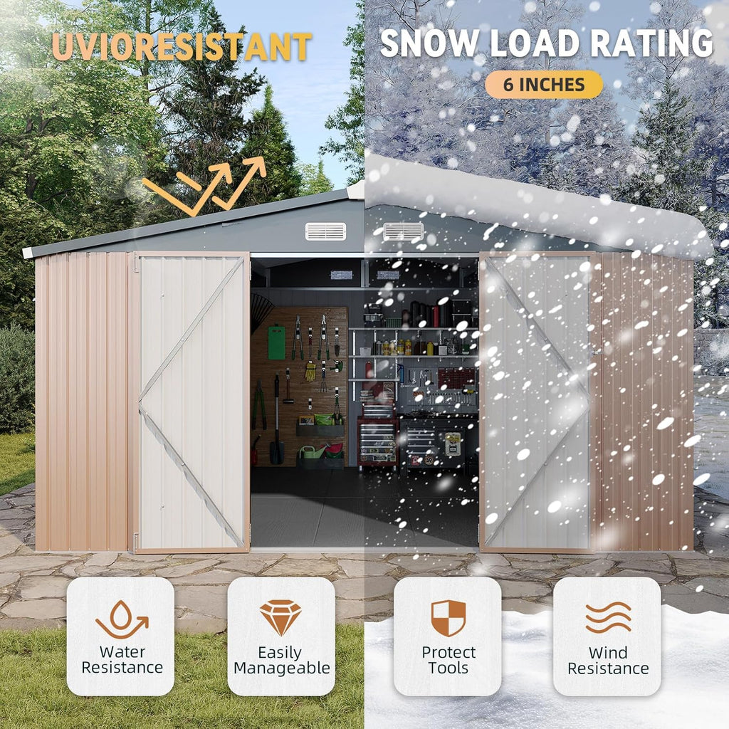 Abri de jardin Aoxun 7,4 x 5,3 pi, plancher en acier galvanisé, abri de jardin en métal, portes doubles