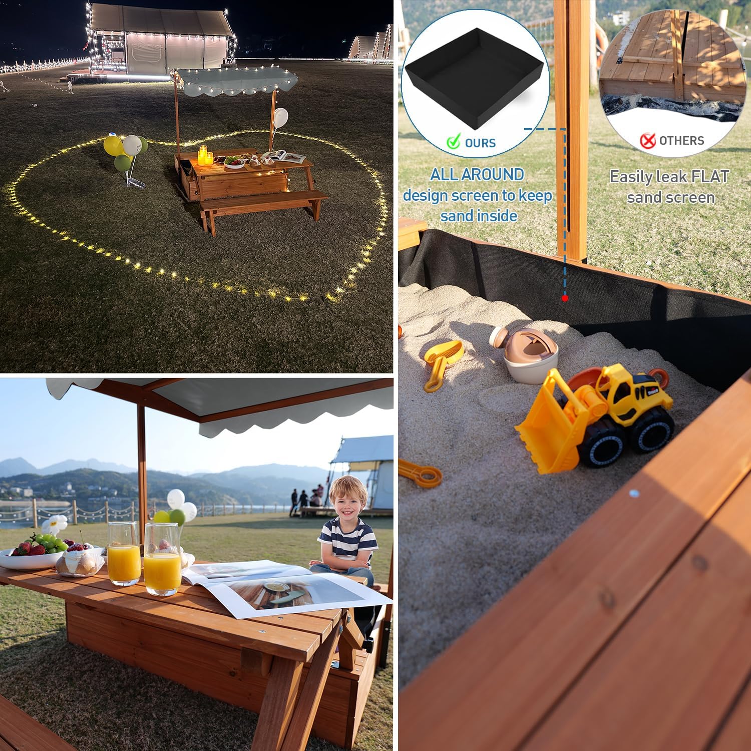 Bac à sable en bois pour enfants avec couvercle, bac à sable extérieur avec table de pique-nique, pliable