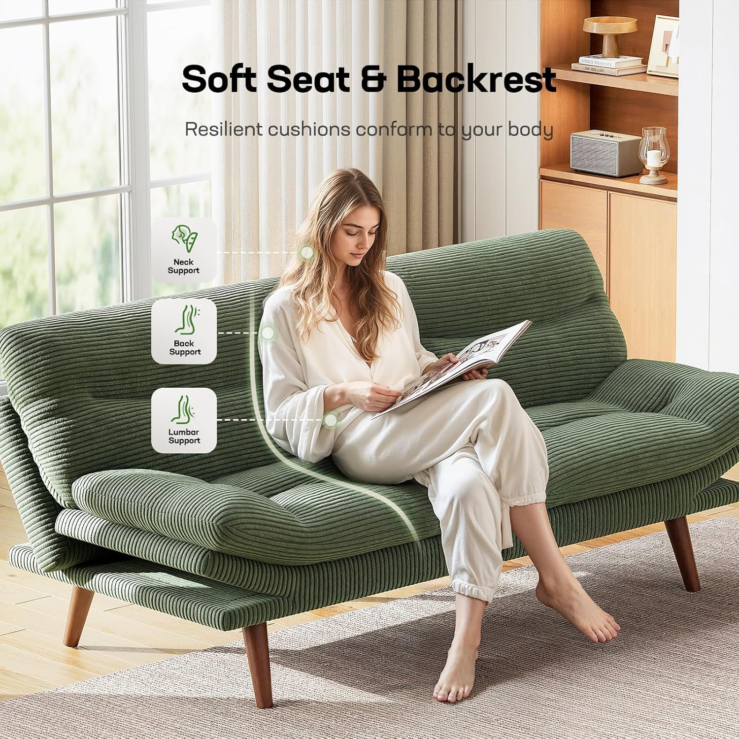 Canapé-lit futon, canapé futon avec dossier et accoudoirs réglables, convertible en petit canapé-lit causeuse en velours côtelé vert