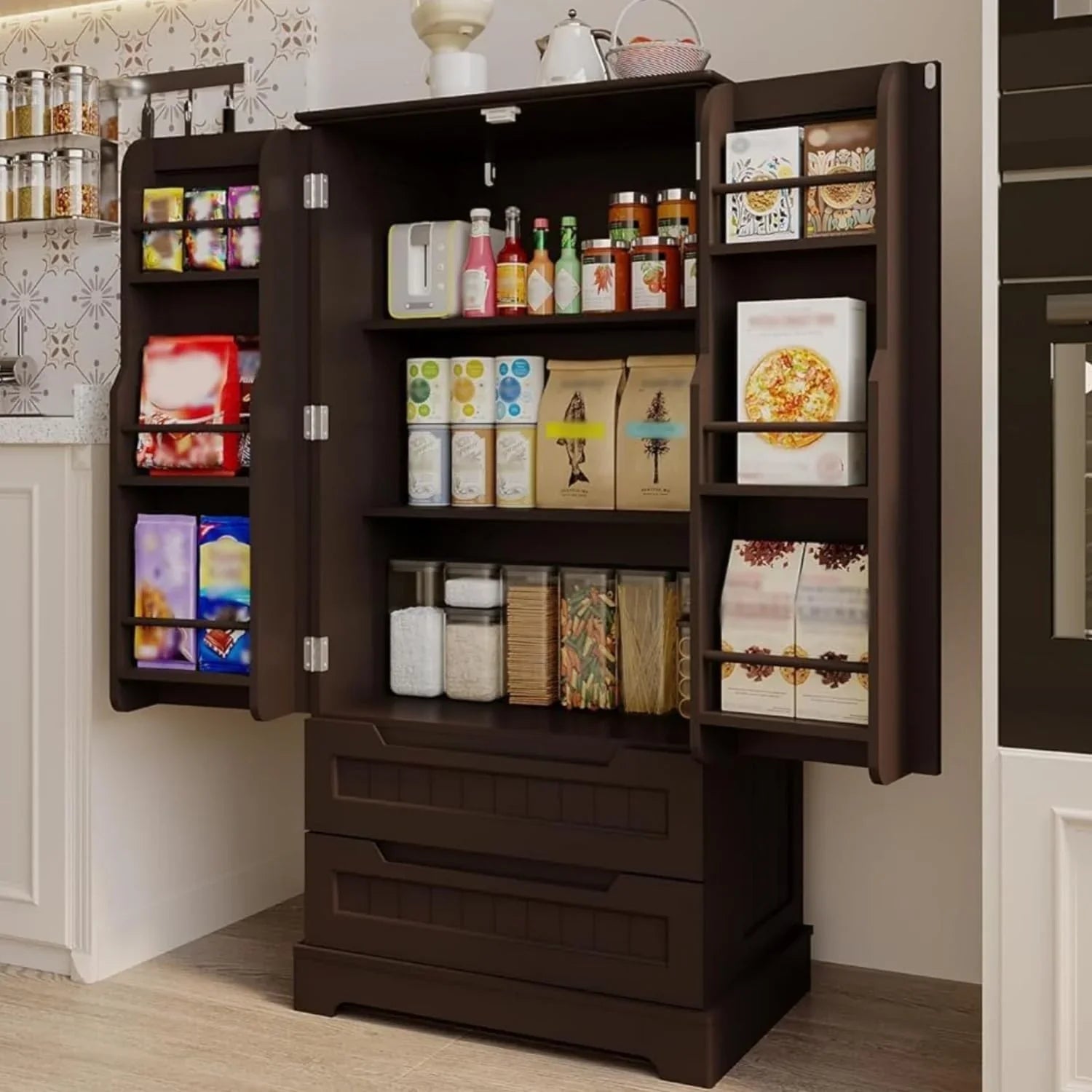 Armoire de rangement de cuisine Gizoon avec tiroirs, armoire de rangement de salle de bain autonome avec portes et étagères, petite armoire de garde-manger de 47 pouces