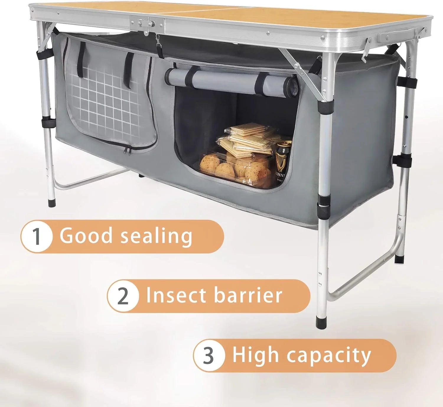 Table pliante d'extérieur en aluminium, légère, réglable en hauteur, avec rangement, pour barbecue, fête, camping