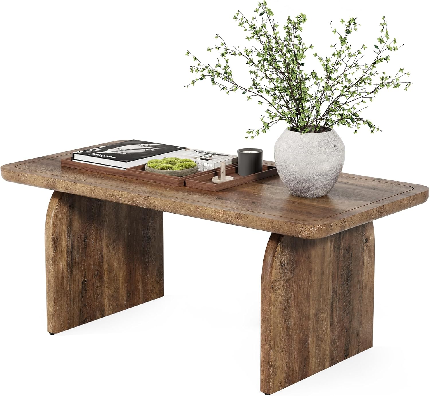 Table basse de ferme LITTLE TREE, table centrale d'angle ronde en bois de 47 pouces, table de salon rectangulaire, service à thé à cocktail bas moderne